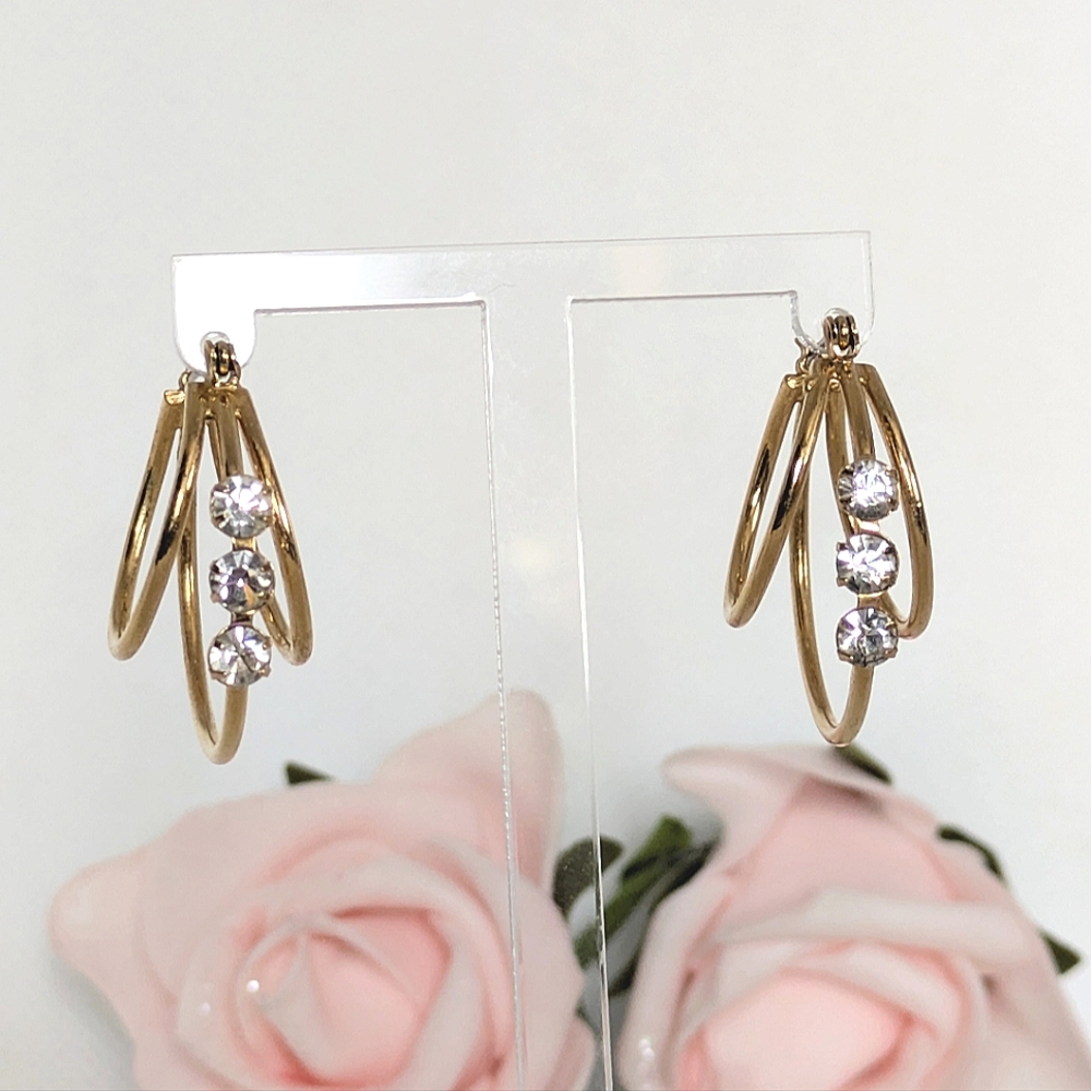 Vintage Rhinestone Triple Hoop Earrings Gold Tone Formal Bridal Wedding Sparkle